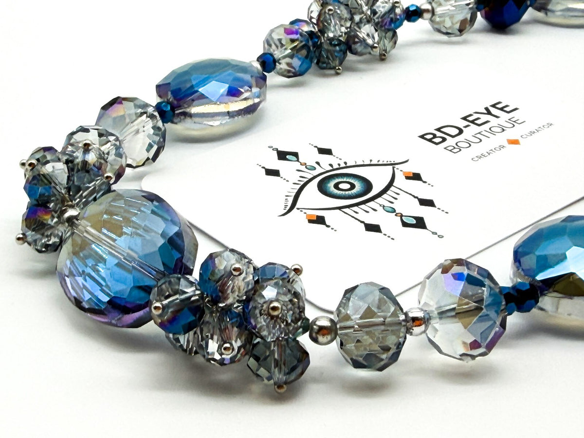 Midnight Blue Crystal Necklace AB Faceted Oval Beads Cha Cha Cluster Necklace
