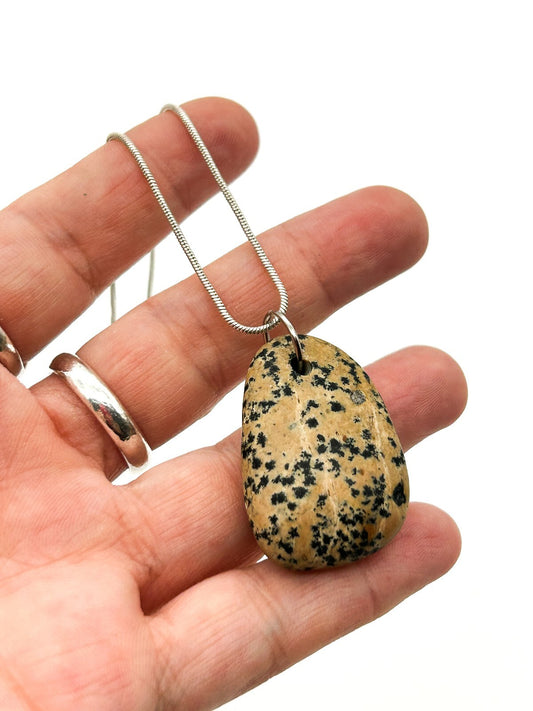 Dalmatian Jasper Pendant Necklace Natural Gemstone Silver Tone Snake Chain