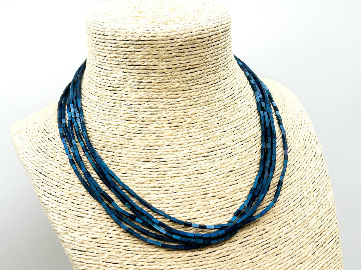 Blue Hematite Multi Strand Necklace Iridescent Rectangular Beads 19”