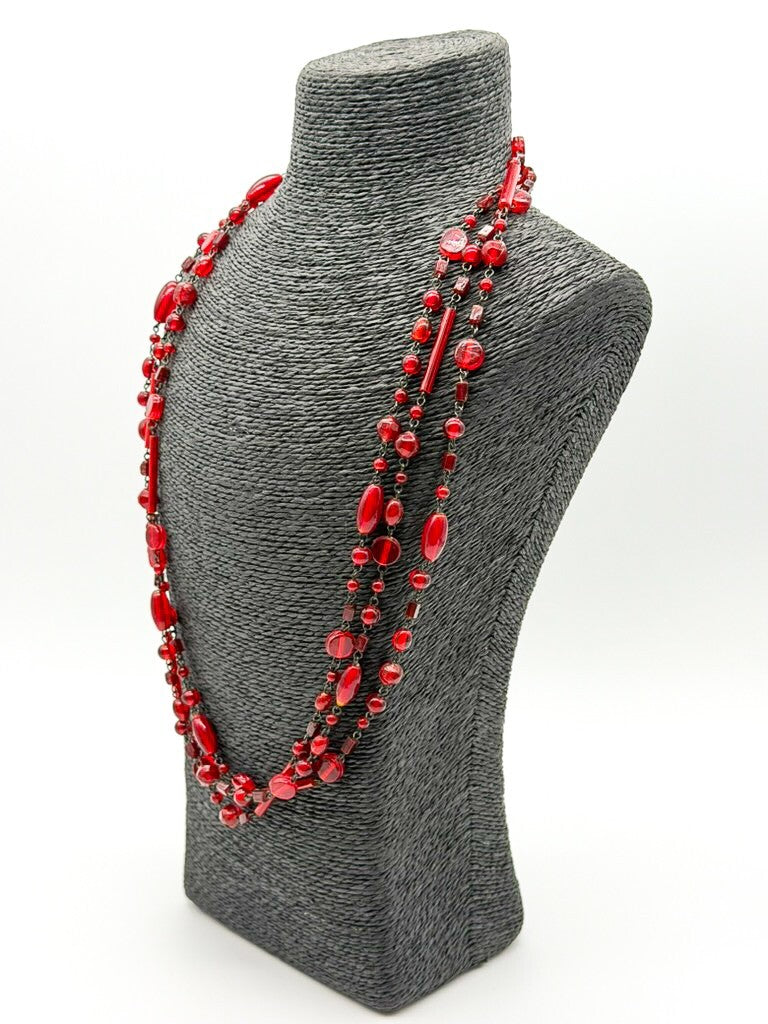 Vintage Red Glass Tube Disc & Oval Bead Necklace Long Layering Continuous Strand