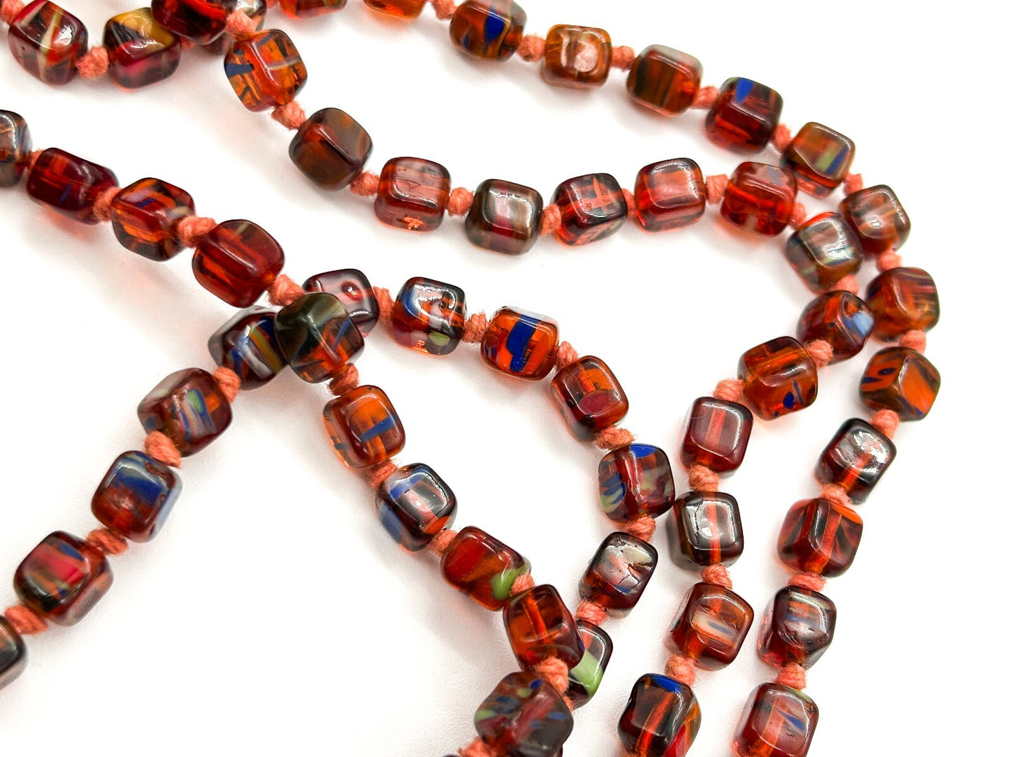 Vintage Orange Czech Art Glass Hand Knotted Necklace Blue Green Spatter Cubes