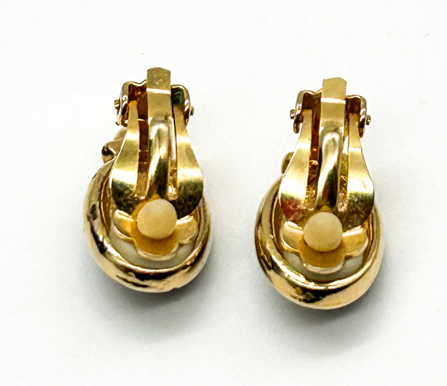 Vintage Gold Tone Black Enamel Clip On Earrings Clear Rhinestone Oval Deco Style