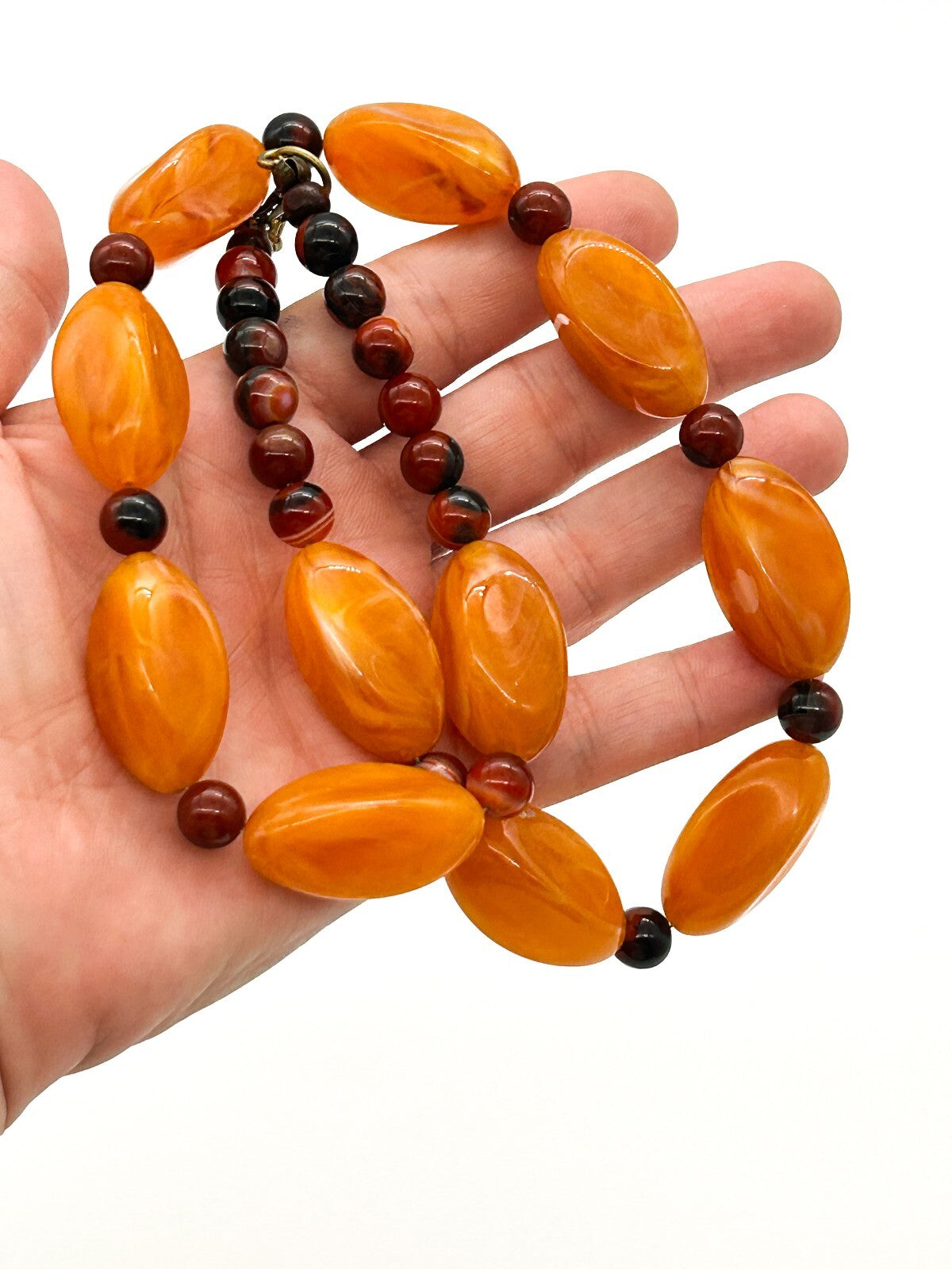 Orange Lucite Banded Agate Beaded Necklace Chunky Boho Statement 21.5”