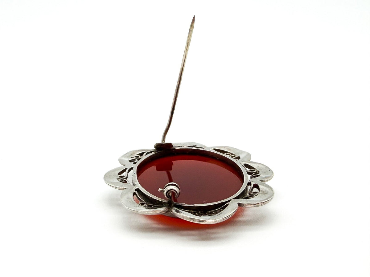 Vintage Carnelian Silver Plated Statement Brooch Oval Gemstone Scalloped Pin