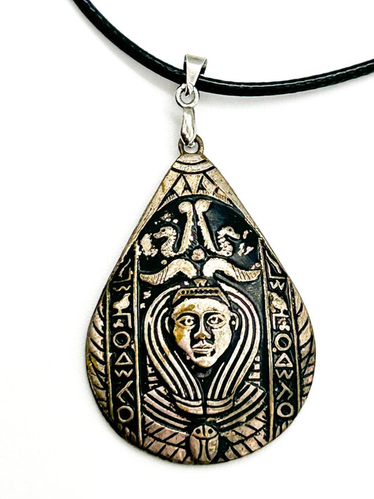 Vintage Egyptian Revival Silver Tone Pendant Necklace Pharoh Art Deco Rescue