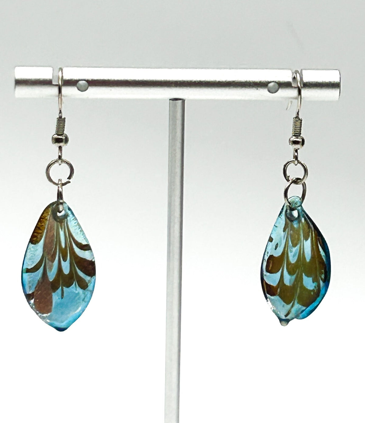 Vintage Blue Copper Metallic Art Glass Drop Earrings Teardrop Foil Glass Dangle