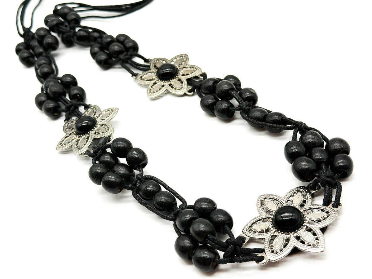 Vintage Black Wooden Bead Tie Belt Multi Strand Boho Floral Silver Tone