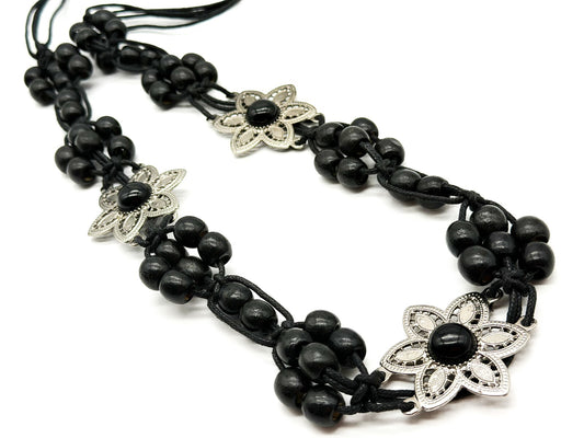 Vintage Black Wooden Bead Tie Belt Multi Strand Boho Floral Silver Tone