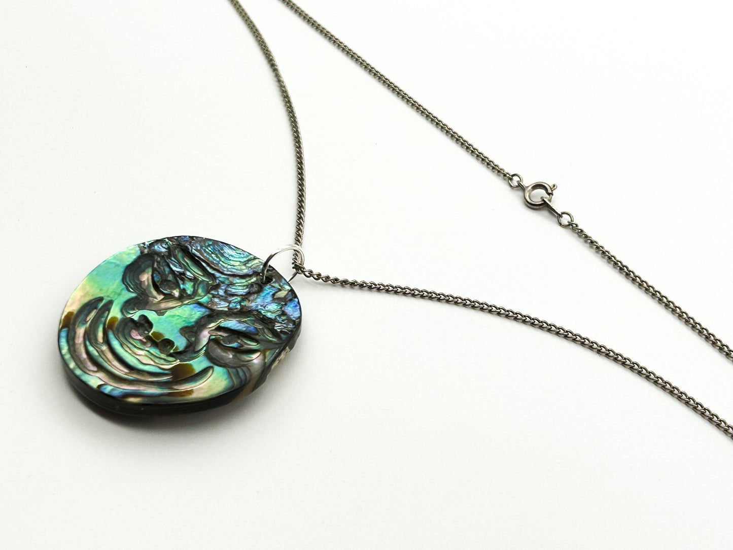 Carved Natural Paua Abalone Shell Face Pendant Necklace Iridescent Statement