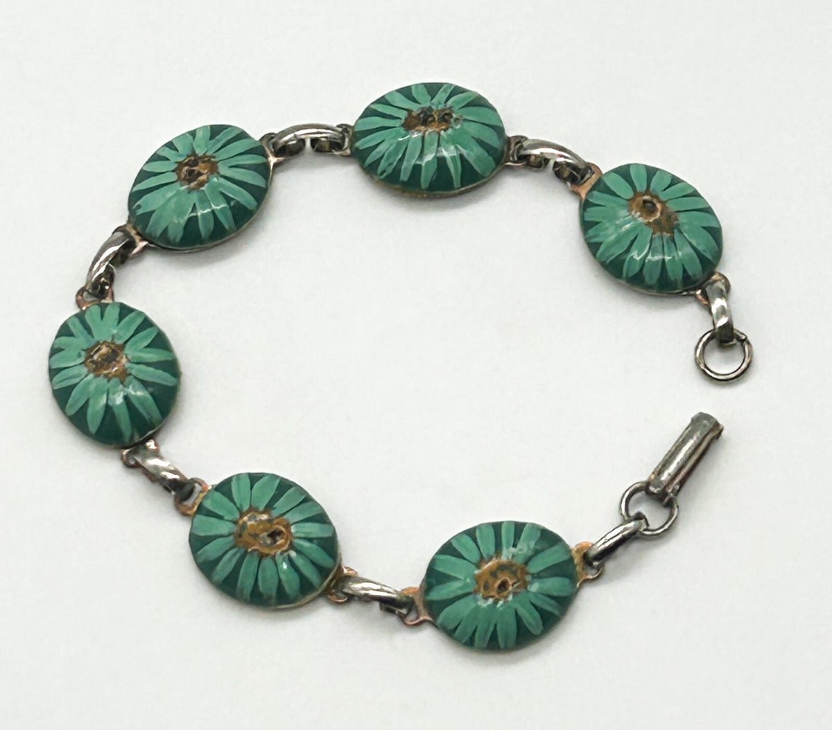 Vintage Hand Painted Ceramic Panel Bracelet Teal Green Floral Link Bracelet 8.5”