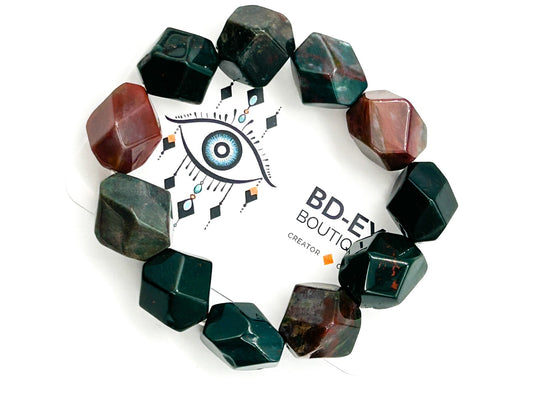 Chunky Bloodstone Jasper Stretch Bracelet Faceted Cube Gemstone Bracelet