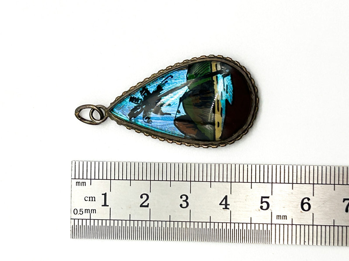 Vintage Morpho Butterfly Wing Pendant Brazil Bubble Glass Deco Reverse Painted