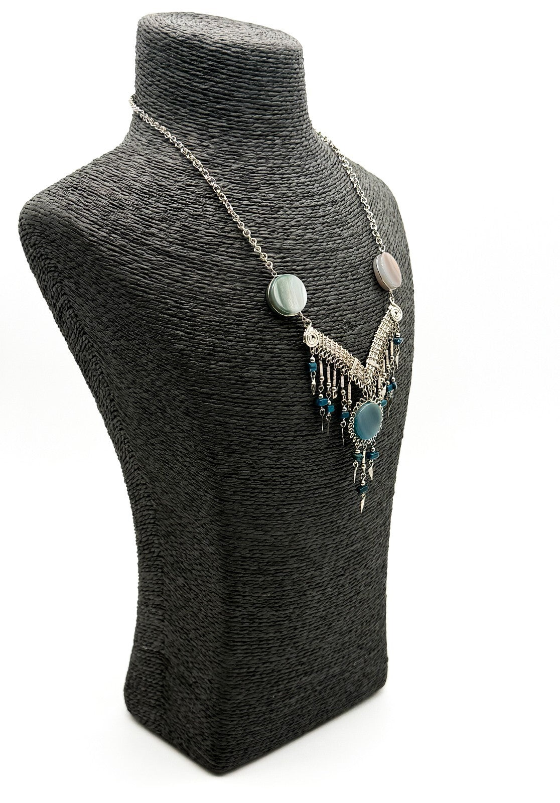 Peruvian Alpaca Silver Agate Lapis Lazuli Statement Necklace 17.5”