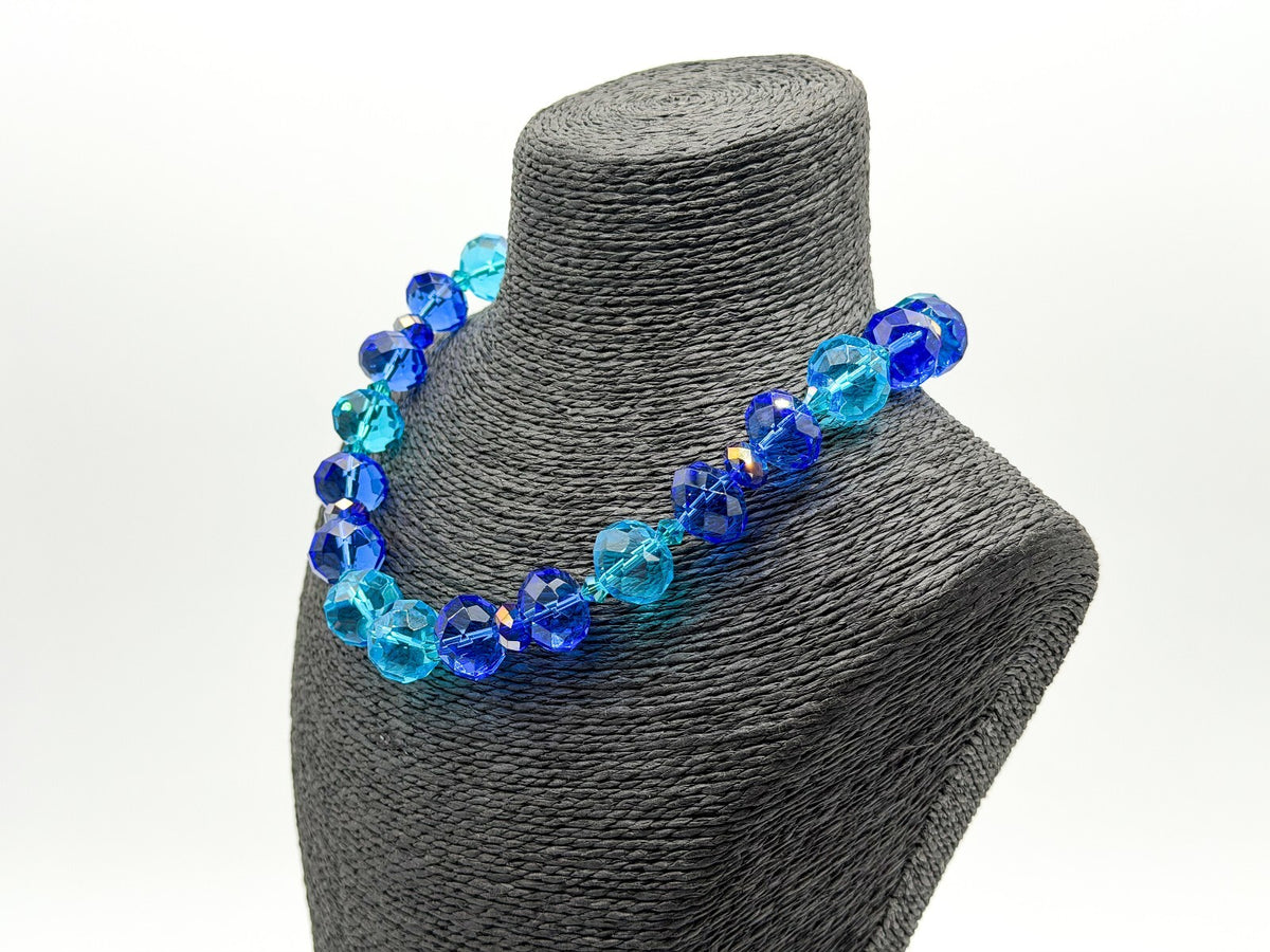 Chunky Cobalt Blue Turquoise Faceted Glass Statement Necklace Toggle 17.5”