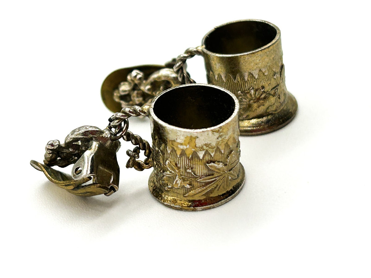 Vintage Silver Tone Tankard Clip On Earrings Novelty Beer Stein Mug Floral