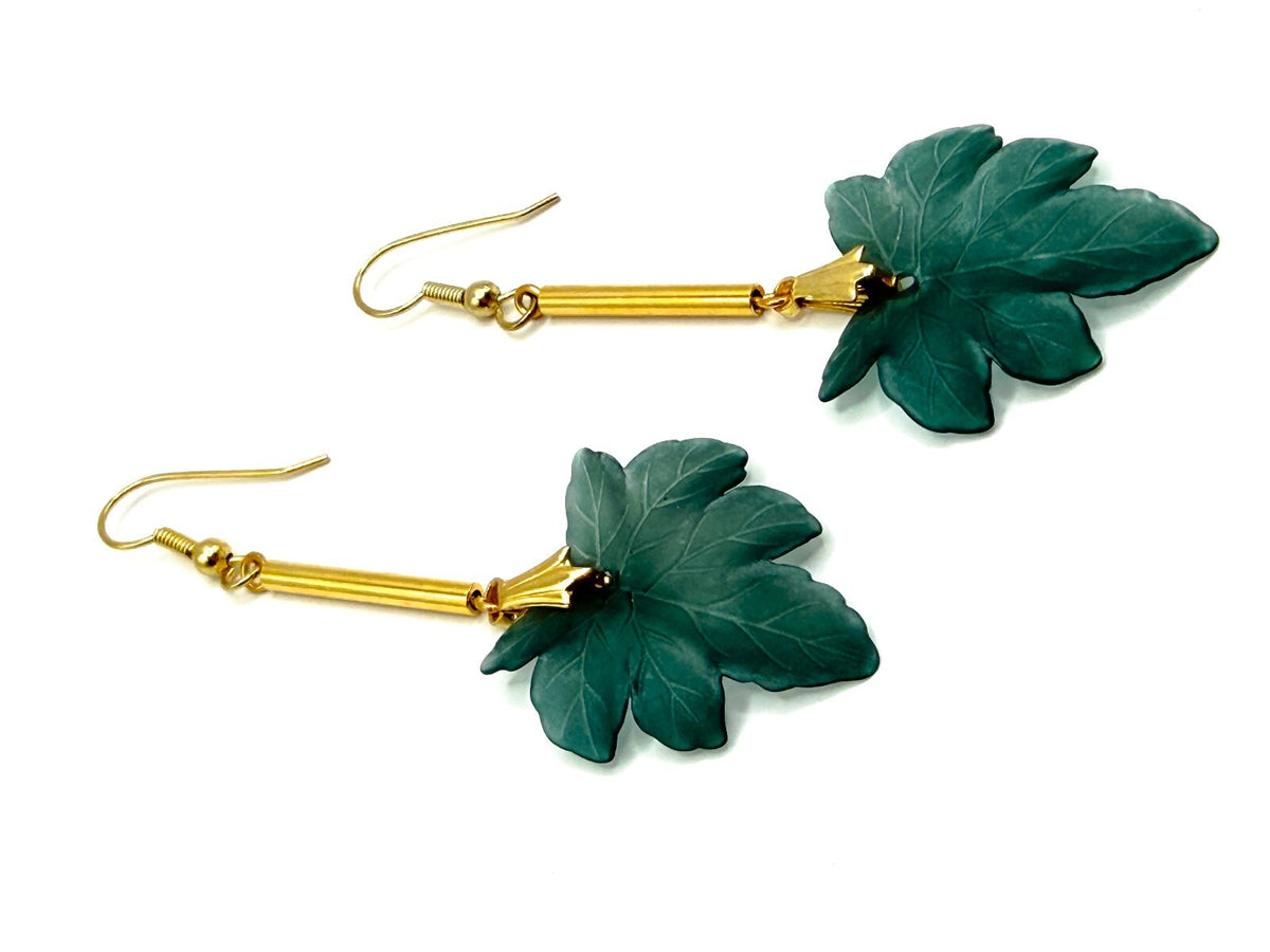 Teal Green Leaf Drop Earrings Gold Tone Vintage Deadstock Handmade Originals