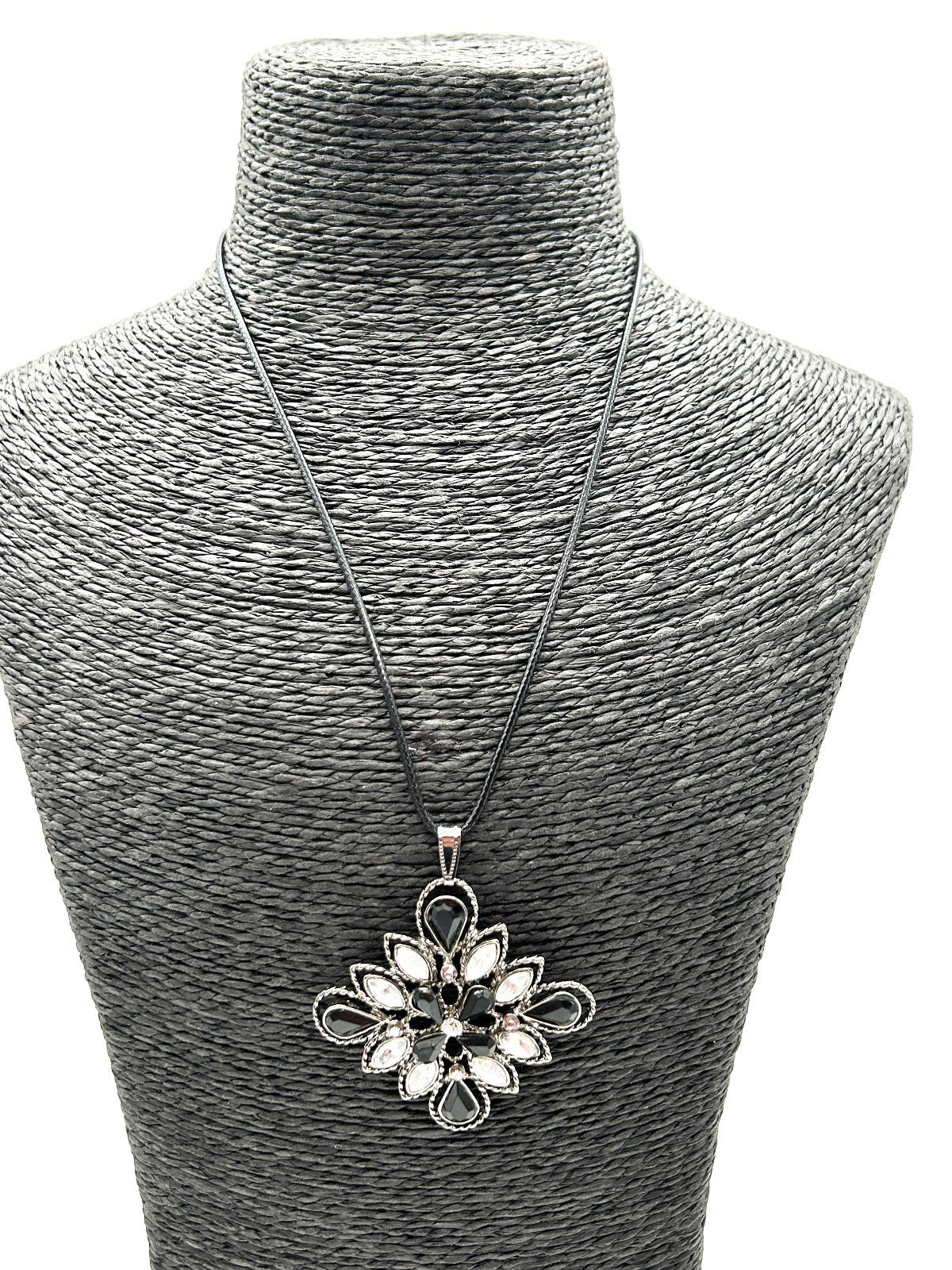 Gothic Black Clear Rhinestone Flower Pendant Necklace Gunmetal Floral Statement