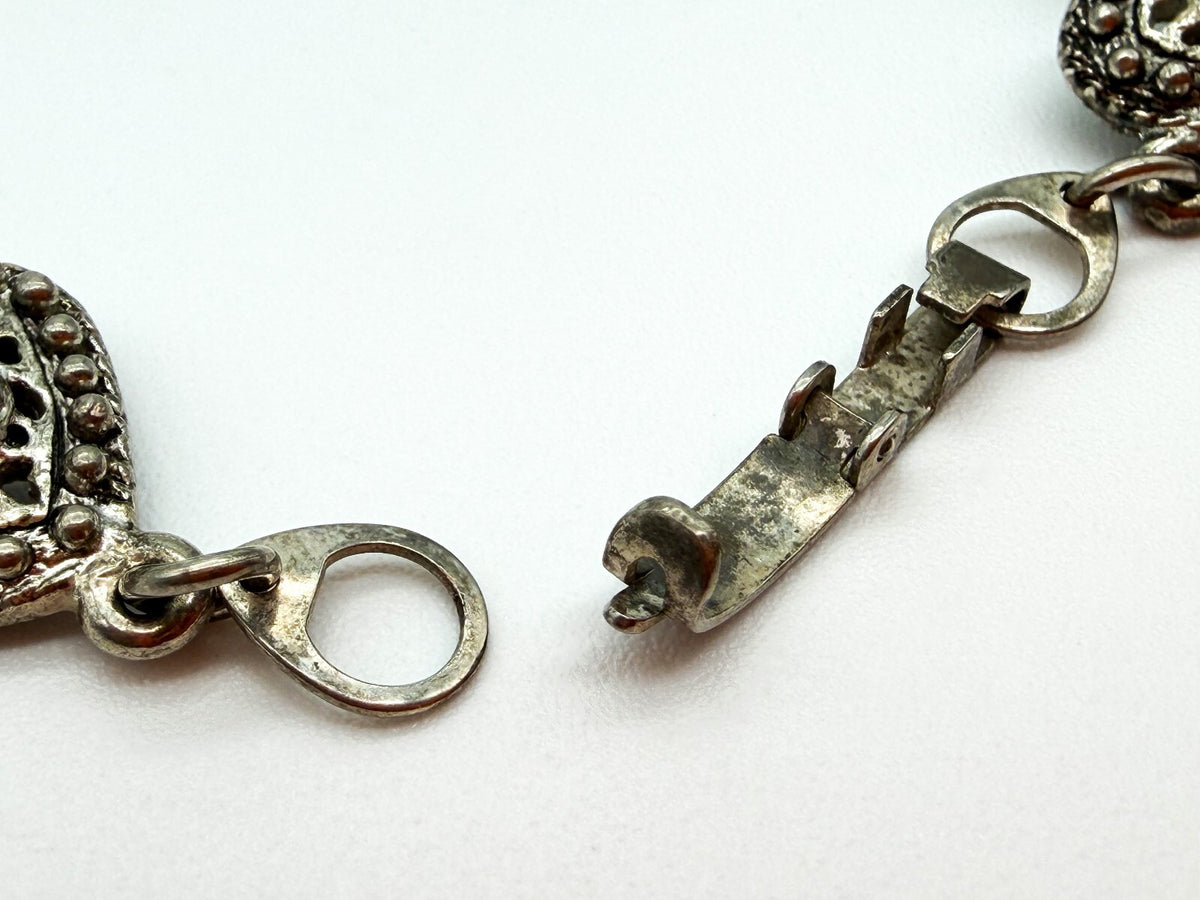 Vintage Abalone Shell Ornate Love Heart Panel Link Bracelet Silver Tone 7”