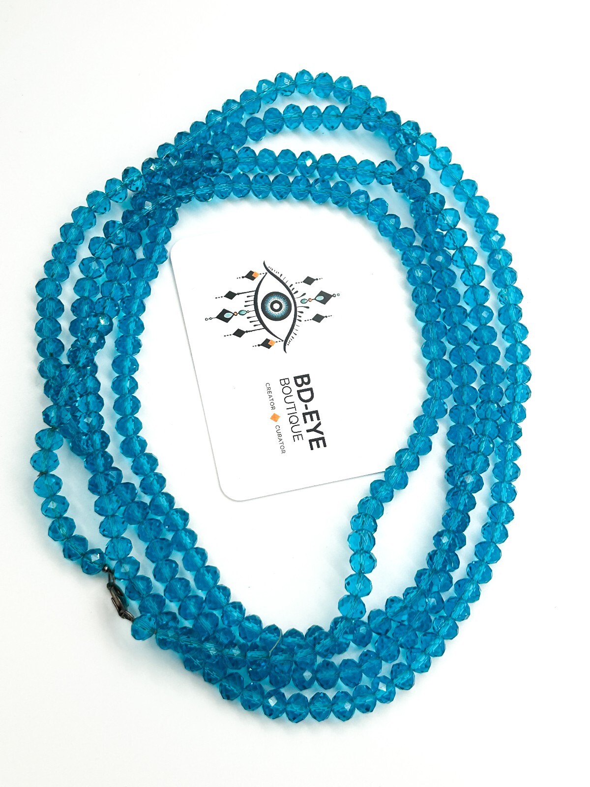Long Aqua Blue Crystal Glass Bead Necklace Faceted Rondelle Multi Wrap 80”