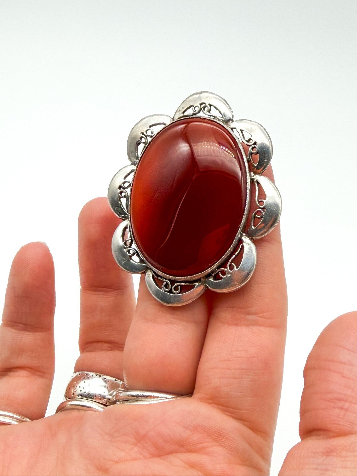 Vintage Carnelian Silver Plated Statement Brooch Oval Gemstone Scalloped Pin