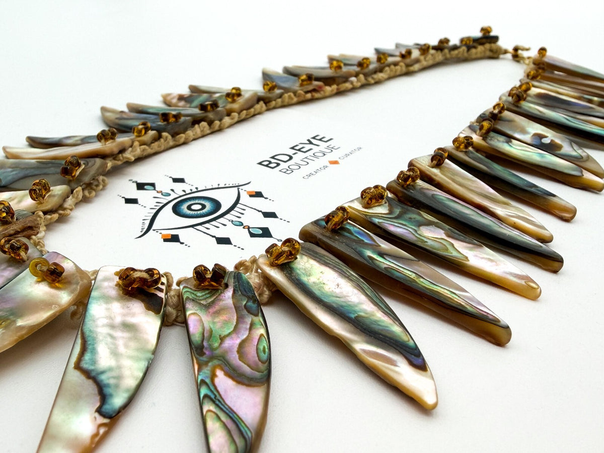 Vintage Abalone Shell Feather Spike Necklace Lace Beaded Statement 17” Boho