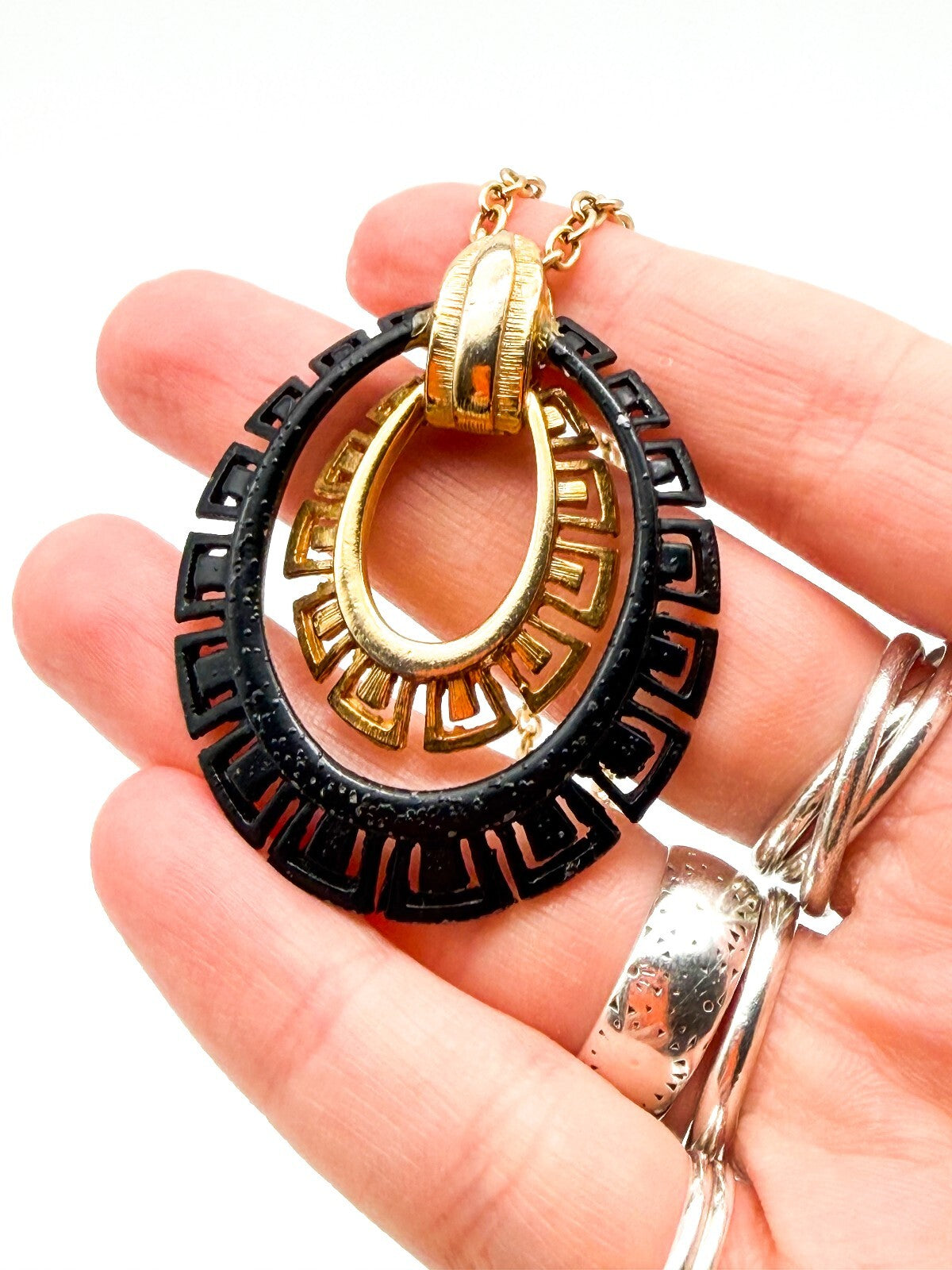 Vintage Black Gold Tone Greek Key Statement Necklace Oval Pendant 17” Geometric