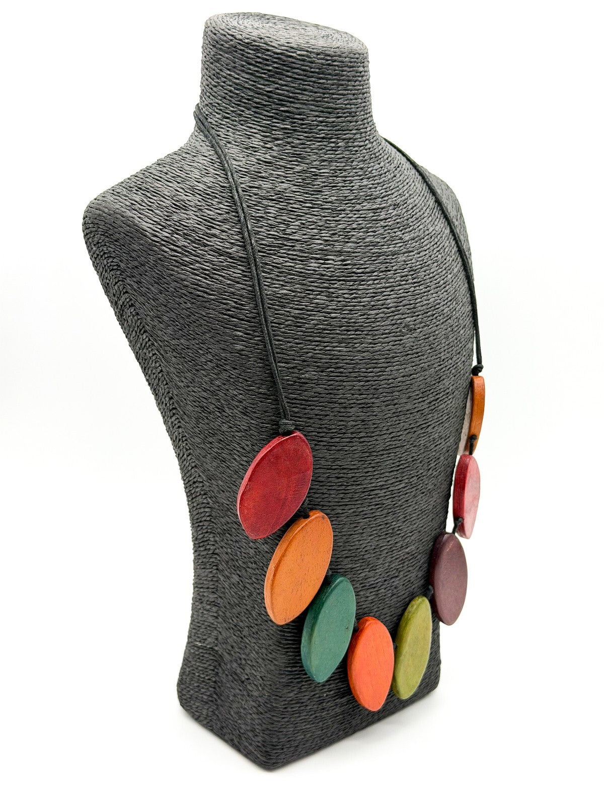 Chunky Wood Statement Necklace Boho Dyed Oval Beads Adjustable Green Orange Red