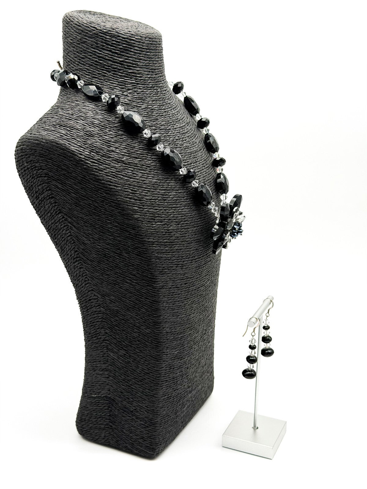 Black Crystal Flower Statement Necklace Earrings Set Faceted Glass Evening Wear
