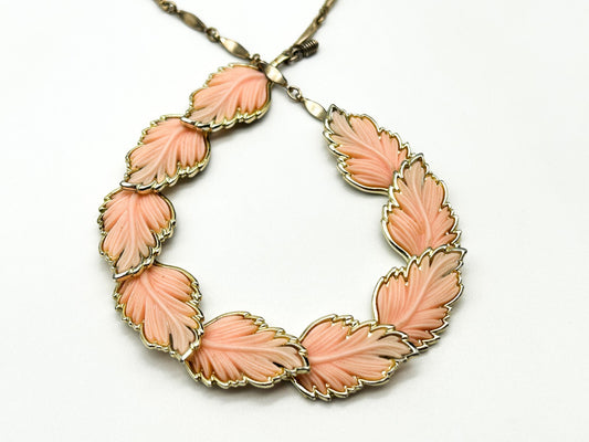 Vintage Pink Thermoset Lucite Leaf Necklace Silver Tone Articulated Leaves