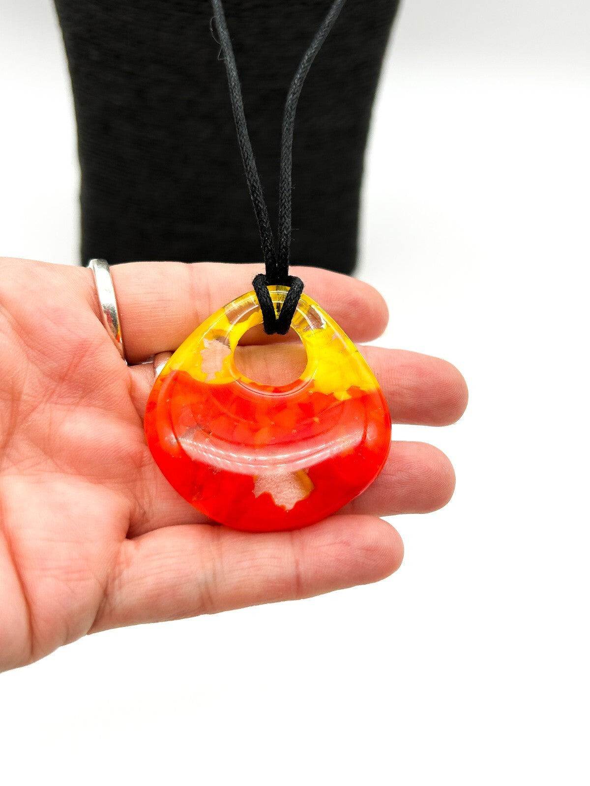 Art Glass Pendant Necklace Yellow Orange Abstract Glass Contemporary Black Cord