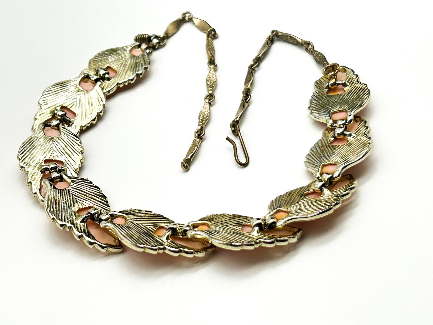Vintage Pink Thermoset Lucite Leaf Necklace Silver Tone Articulated Leaves