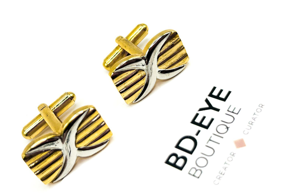 Vintage Two Tone Gold Silver Cufflinks Ridged Geometric Abstract Bullet Back