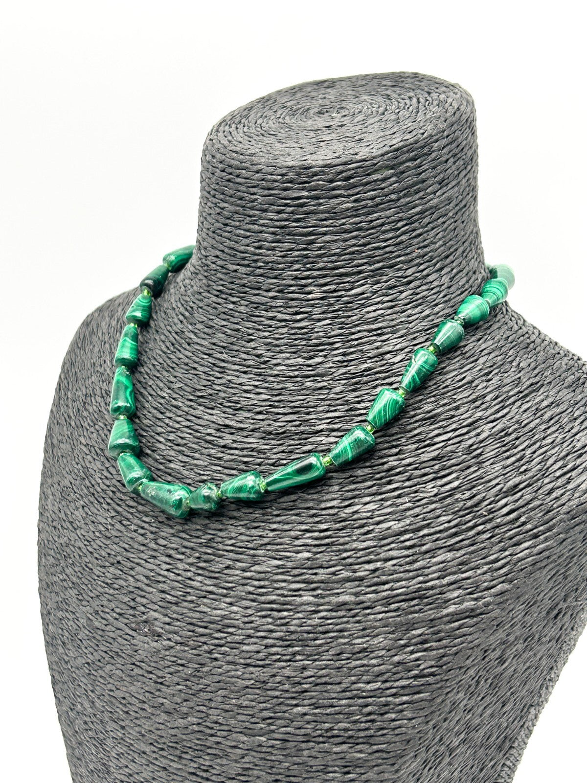 Vintage Genuine Malachite Bead Necklace Green Gemstone Cone Beads 15.5”