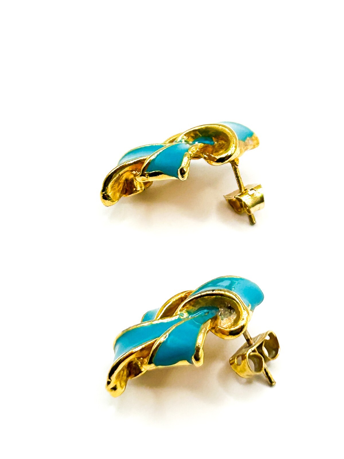 Vintage Blue Enamel Ribbon Knot Stud Earrings Gold Tone Cobalt Turquoise