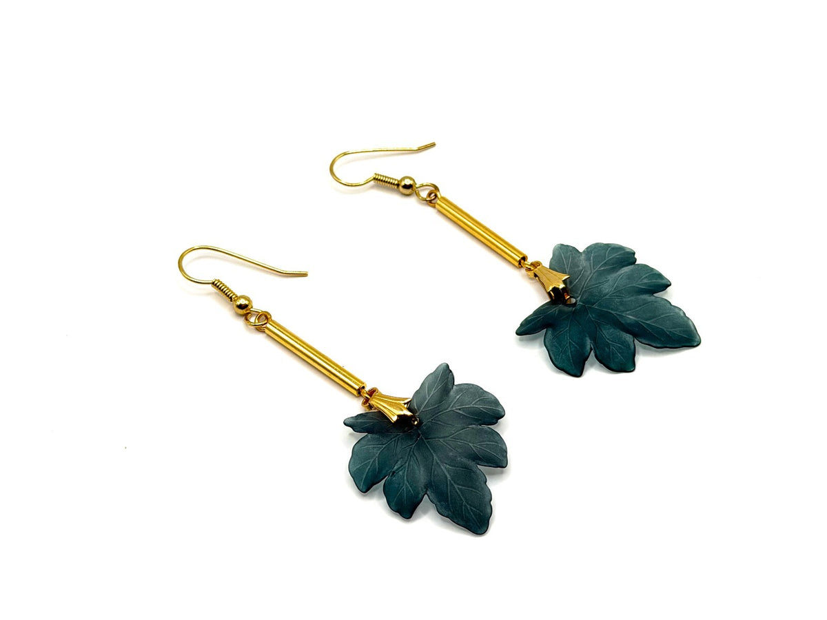 Teal Green Leaf Drop Earrings Gold Tone Vintage Deadstock Handmade Originals