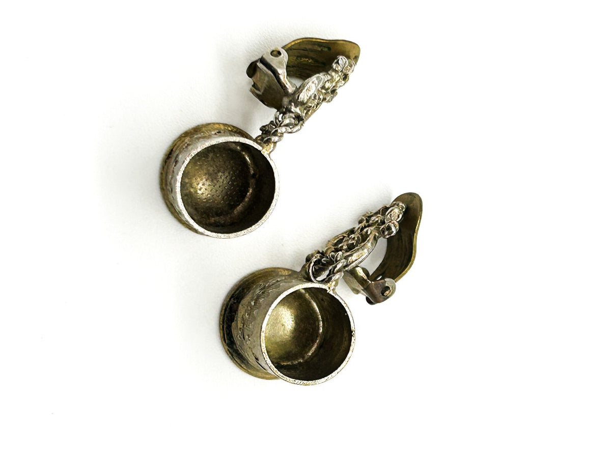 Vintage Silver Tone Tankard Clip On Earrings Novelty Beer Stein Mug Floral