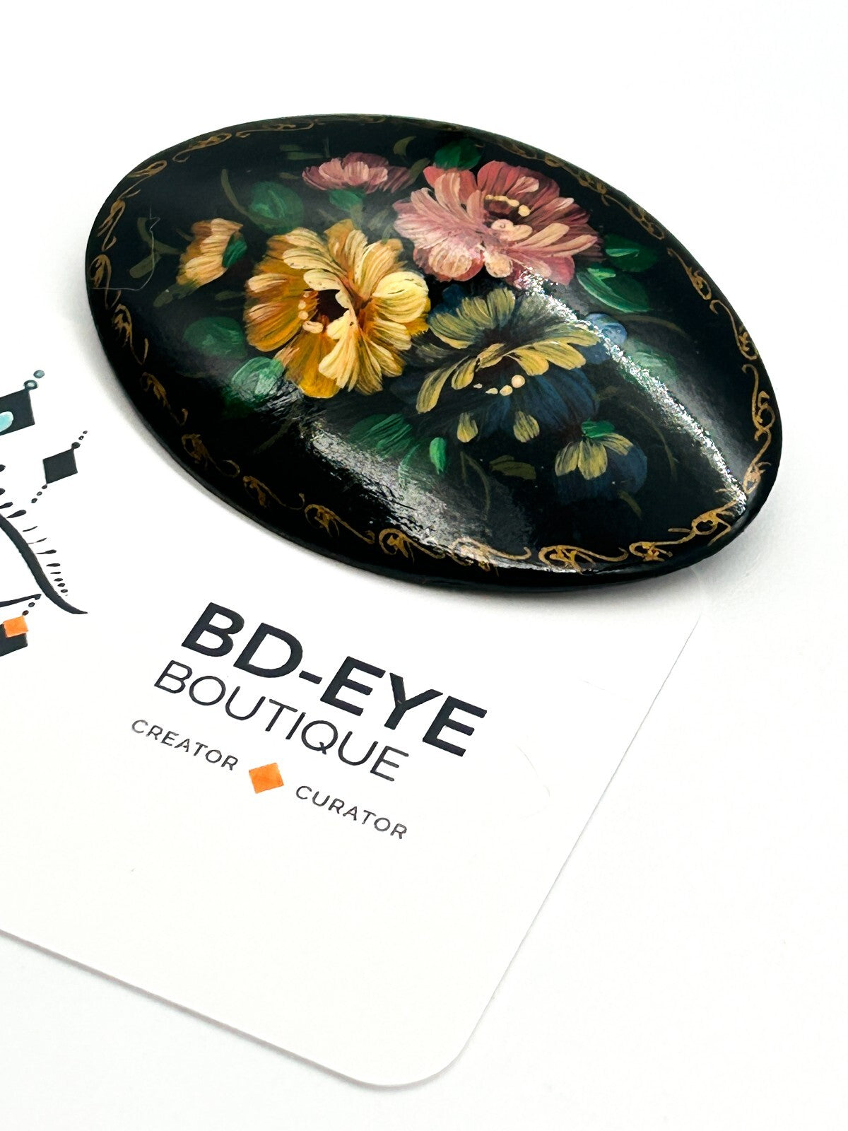 Vintage Russian Hand Painted Lacquer Floral Brooch Signed Black Gold Flower Pin
