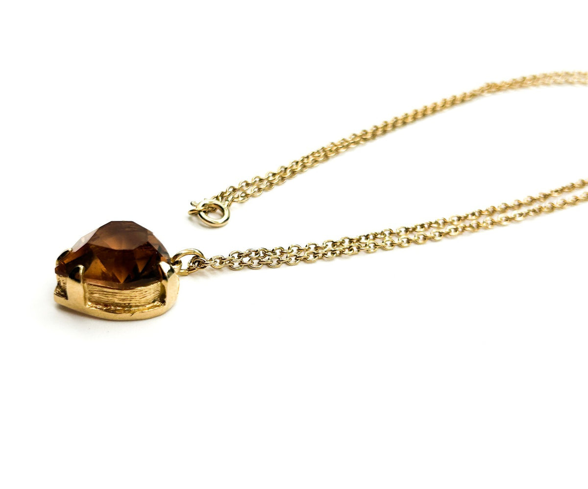Vintage Gold Tone Smoky Amber Crystal Heart Pendant Necklace Faceted Glass 24”