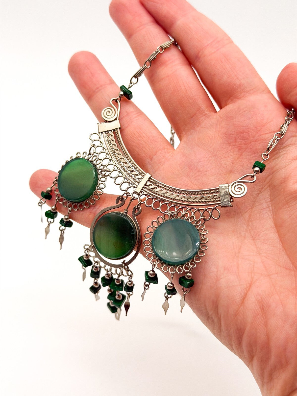 Peruvian Alpaca Silver Green Agate Necklace Earrings Set Malachite Bib Statement