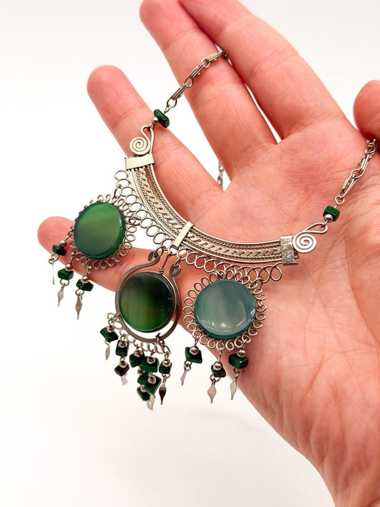 Peruvian Alpaca Silver Green Agate Necklace Earrings Set Malachite Bib Statement