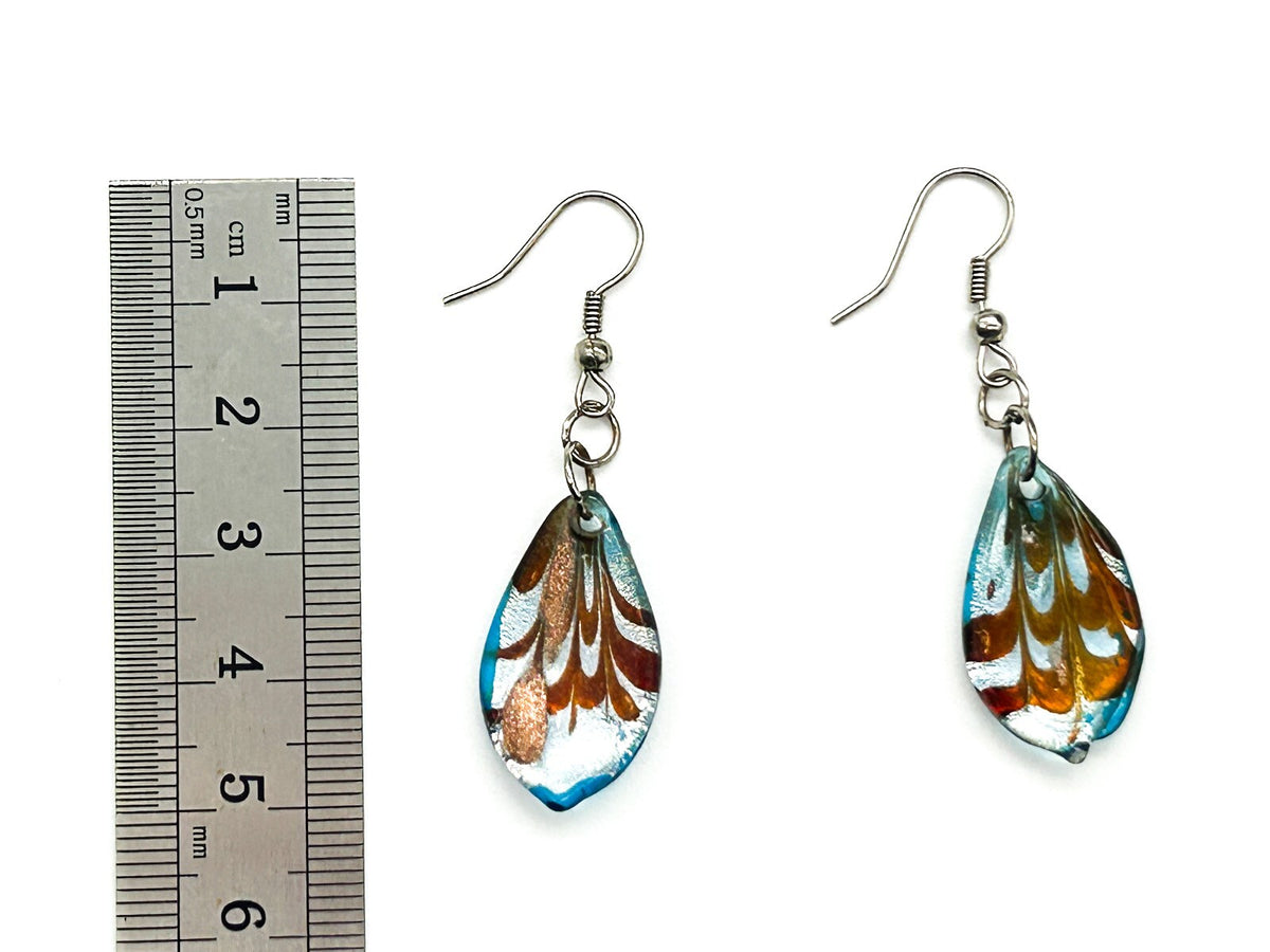 Vintage Blue Copper Metallic Art Glass Drop Earrings Teardrop Foil Glass Dangle
