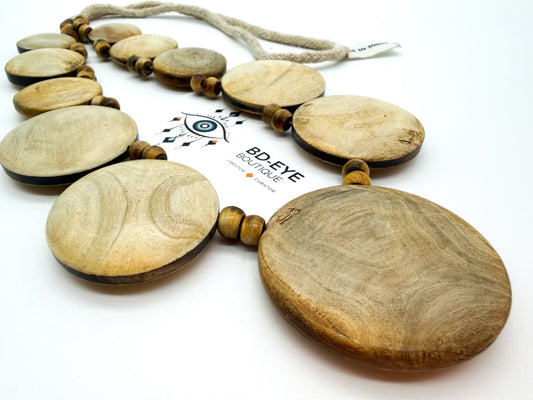 Bandolera Artisan Wooden Disc Necklace Long Statement Boho Natural Wood 19.5”