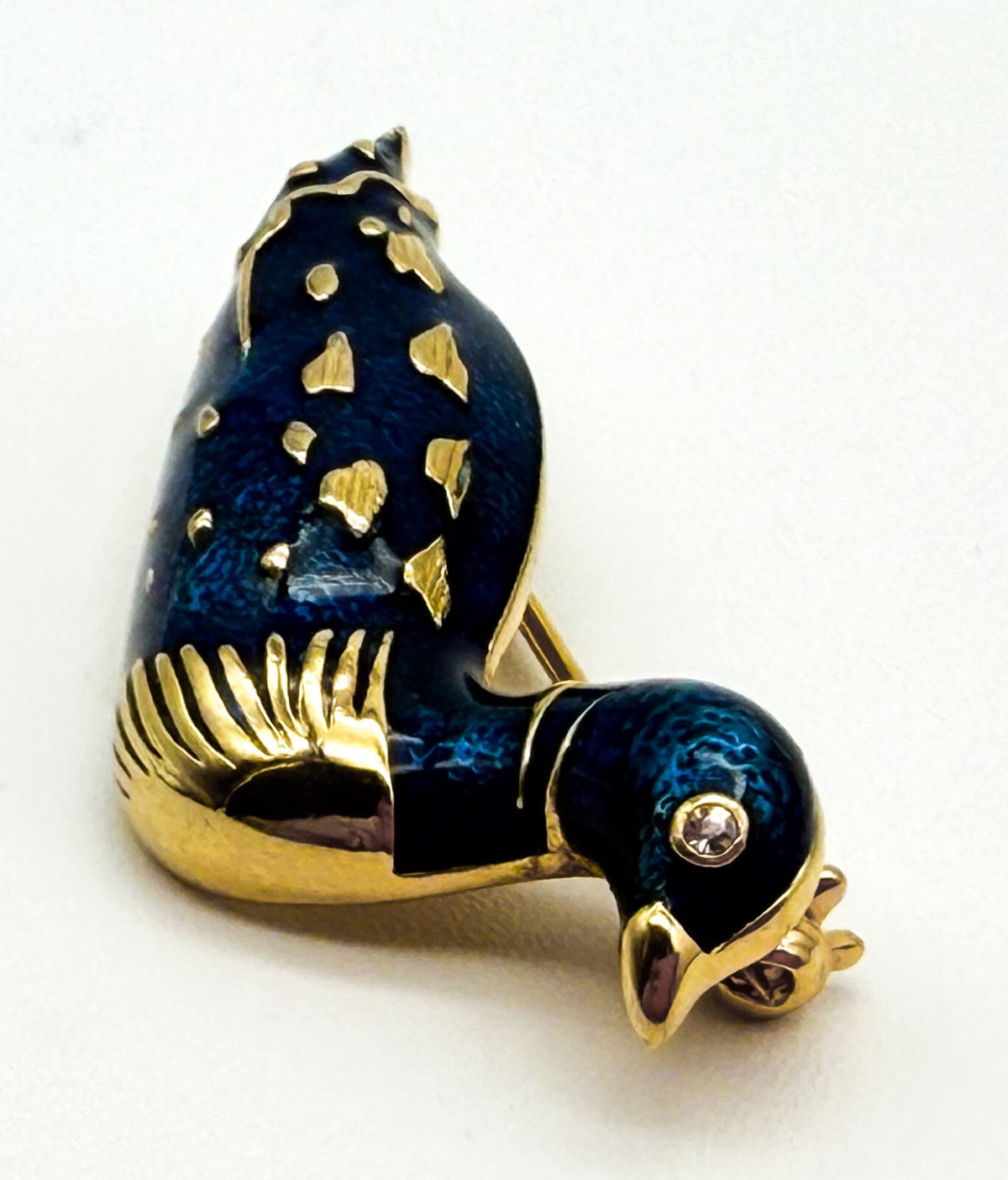 Vintage Blue Enamel Duck Bird Brooch Gold Tone Rhinestone Eye Pin