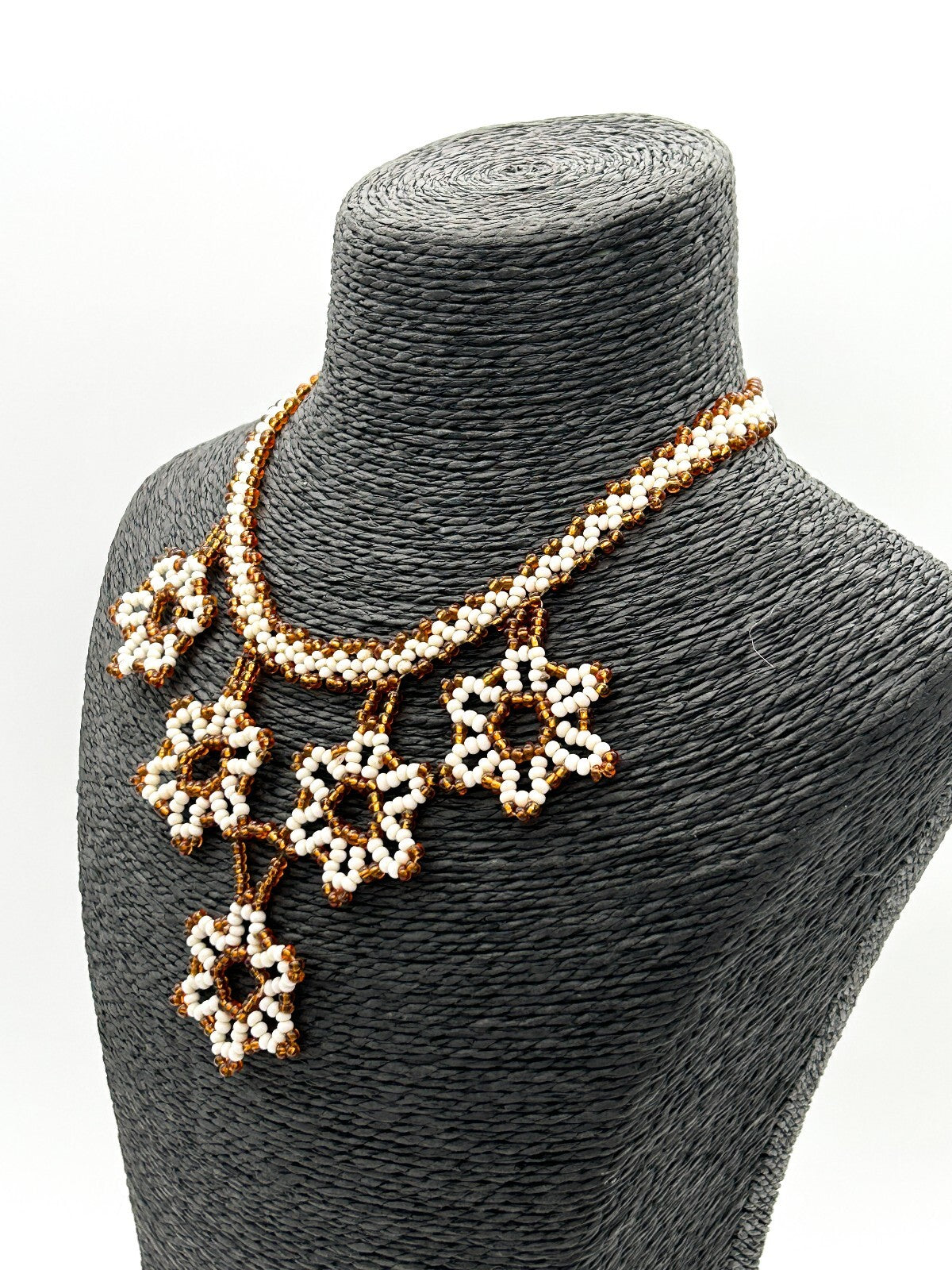 Vintage Handmade Artisan Flower Glass Bead Floral Bib Necklace Orange White