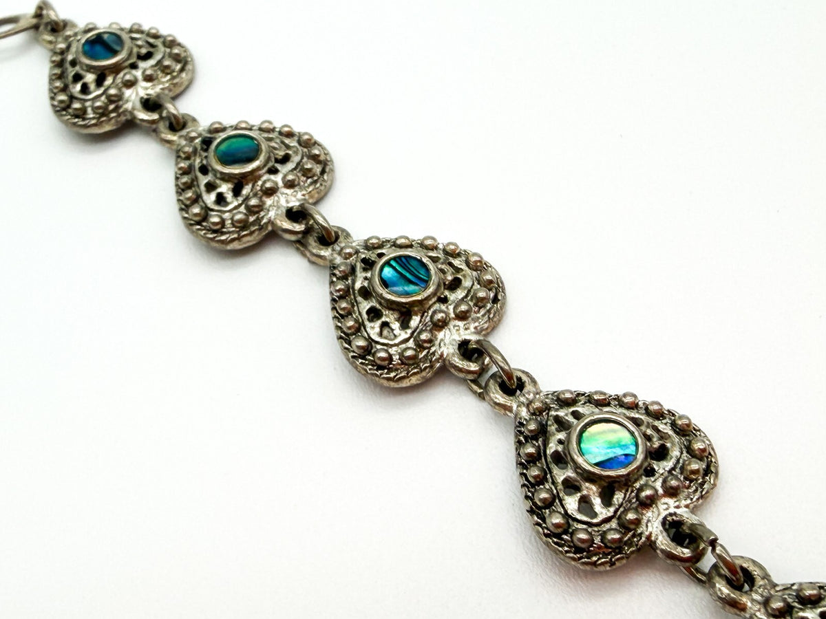 Vintage Abalone Shell Ornate Love Heart Panel Link Bracelet Silver Tone 7”