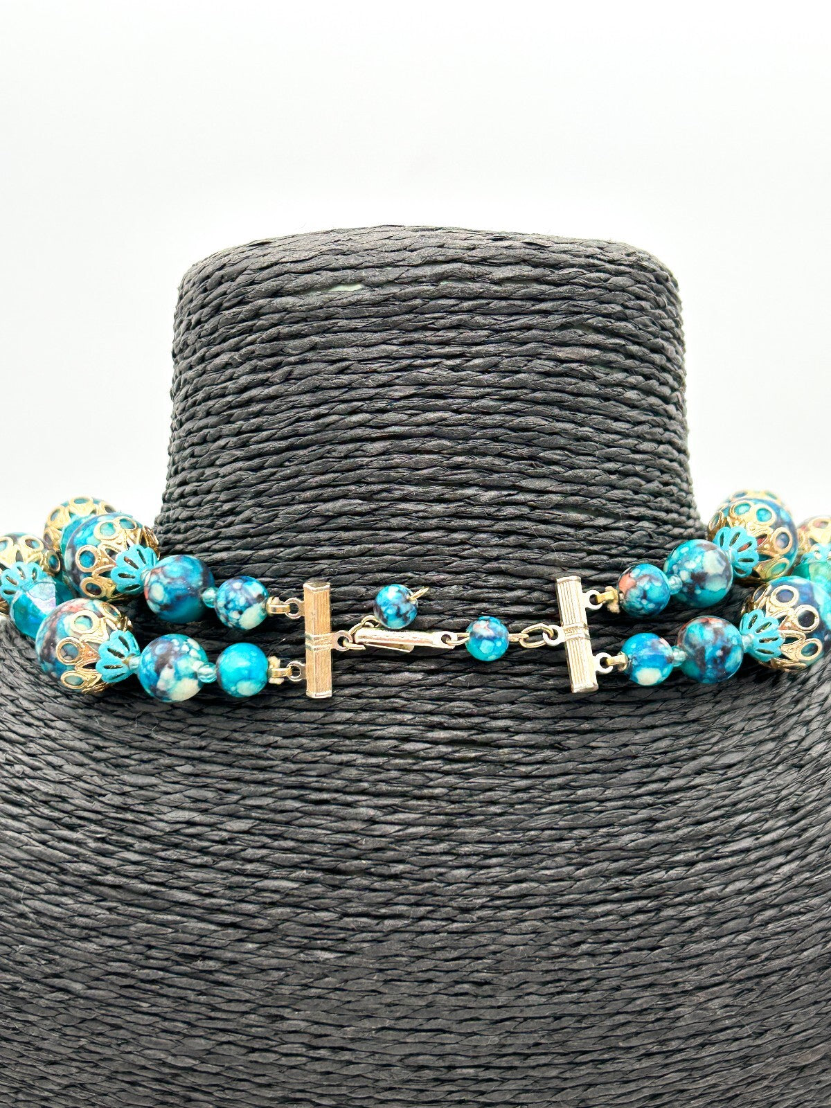 Vintage Hong Kong Double Strand Turquoise Marble Bead Necklace Blue Statement