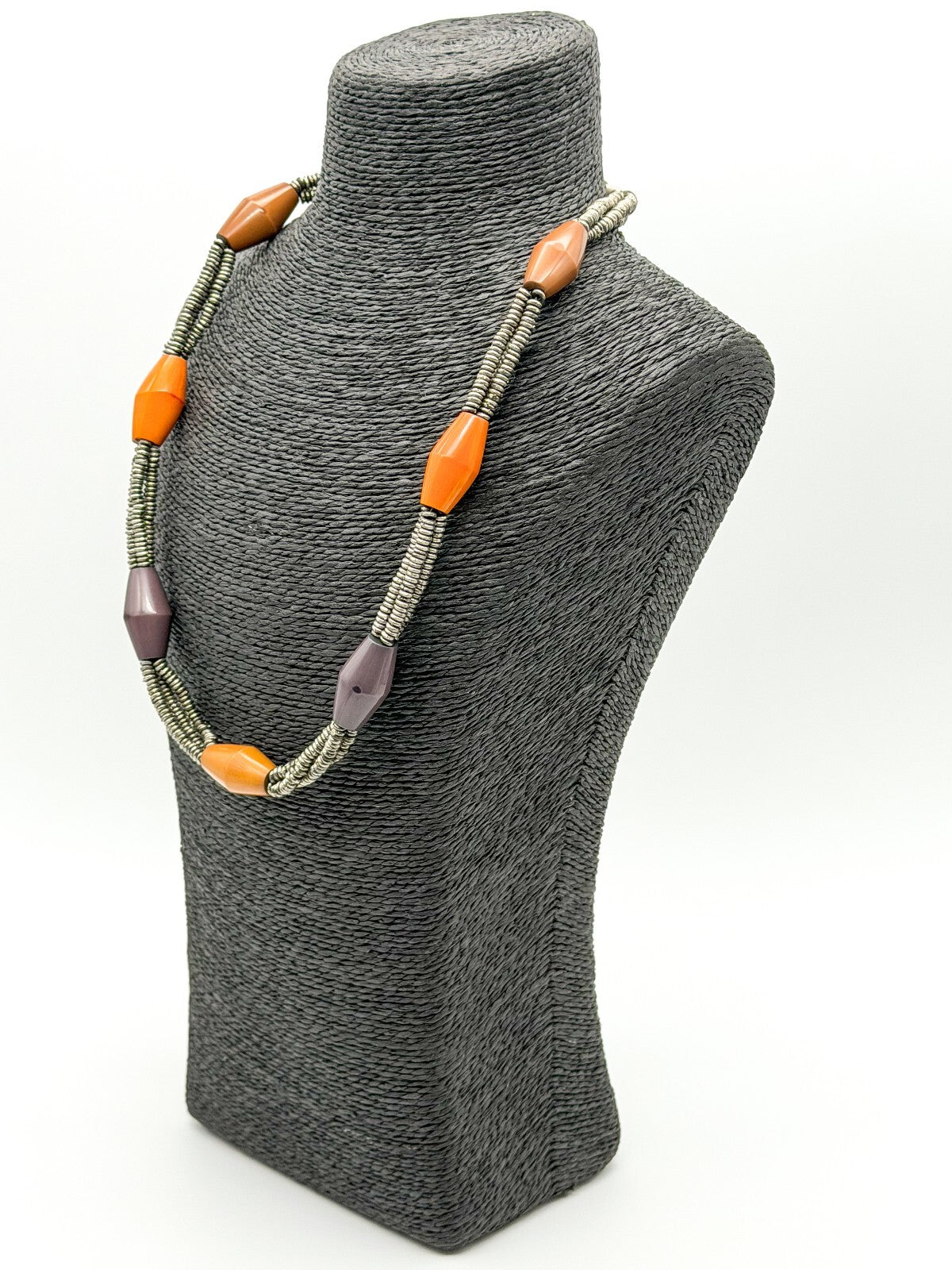 East Triple Strand Statement Necklace Silver Tone Coiled Beads Acrylic Bicone