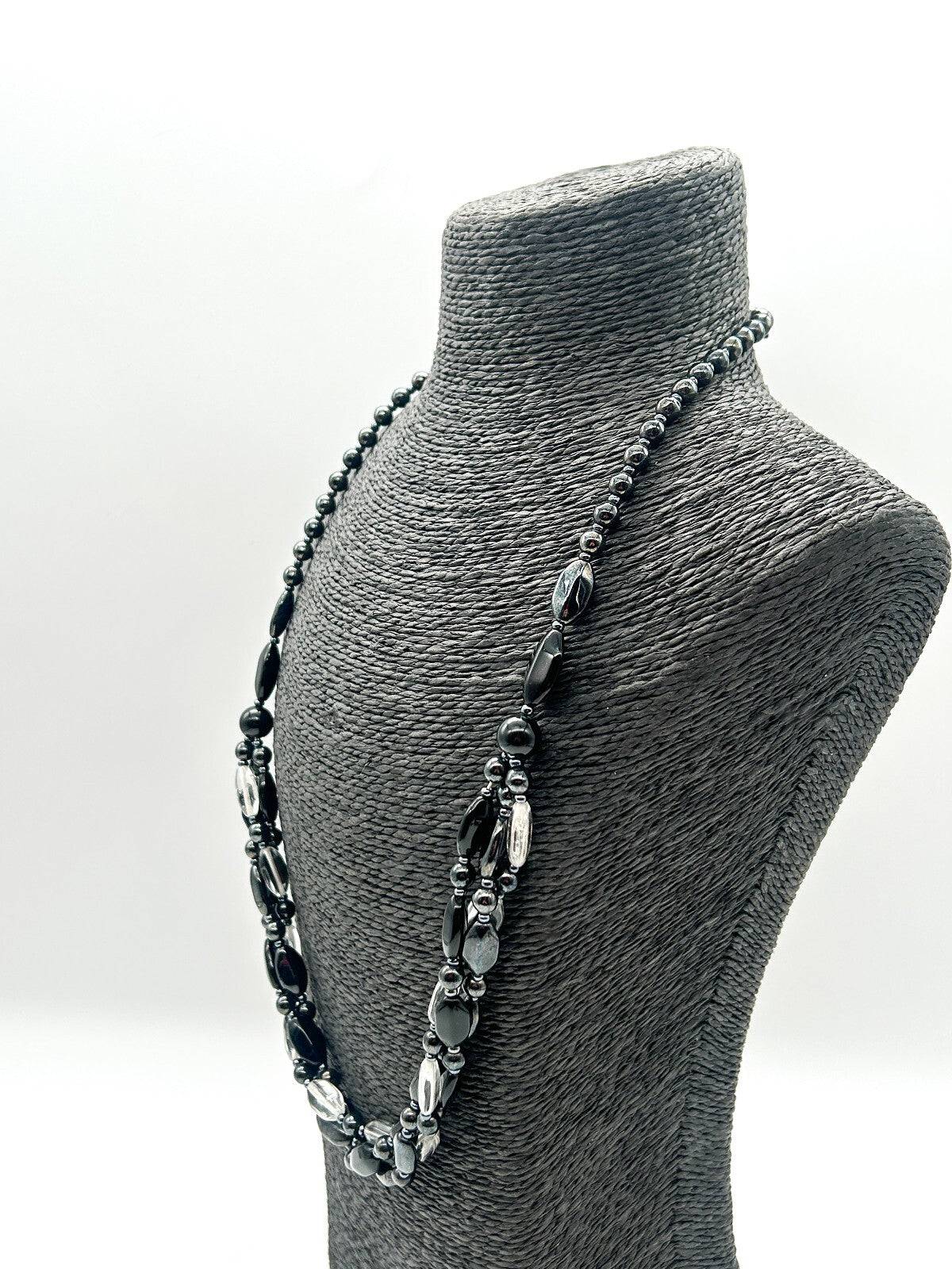 Vintage Black Clear Glass Triple Strand Twist Necklace Statement Beaded 26.5”