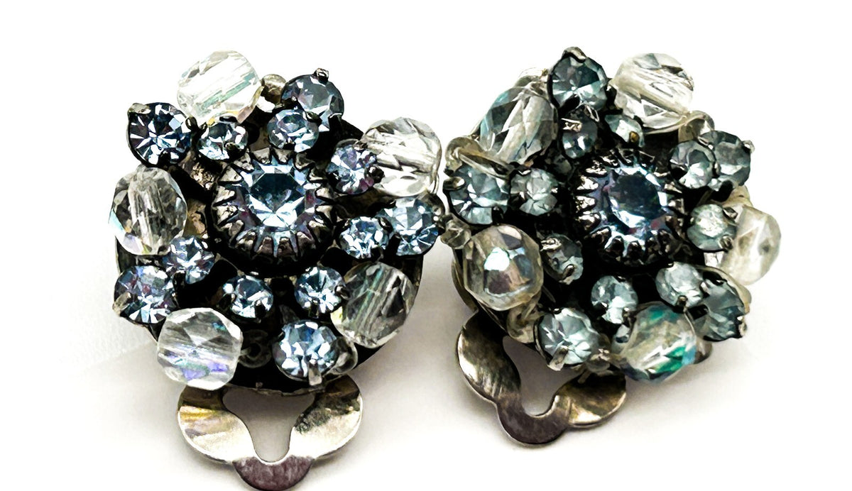 Vintage Clip On Rhinestone Earrings Bundle Blue Clear Pink Red Flower Cluster