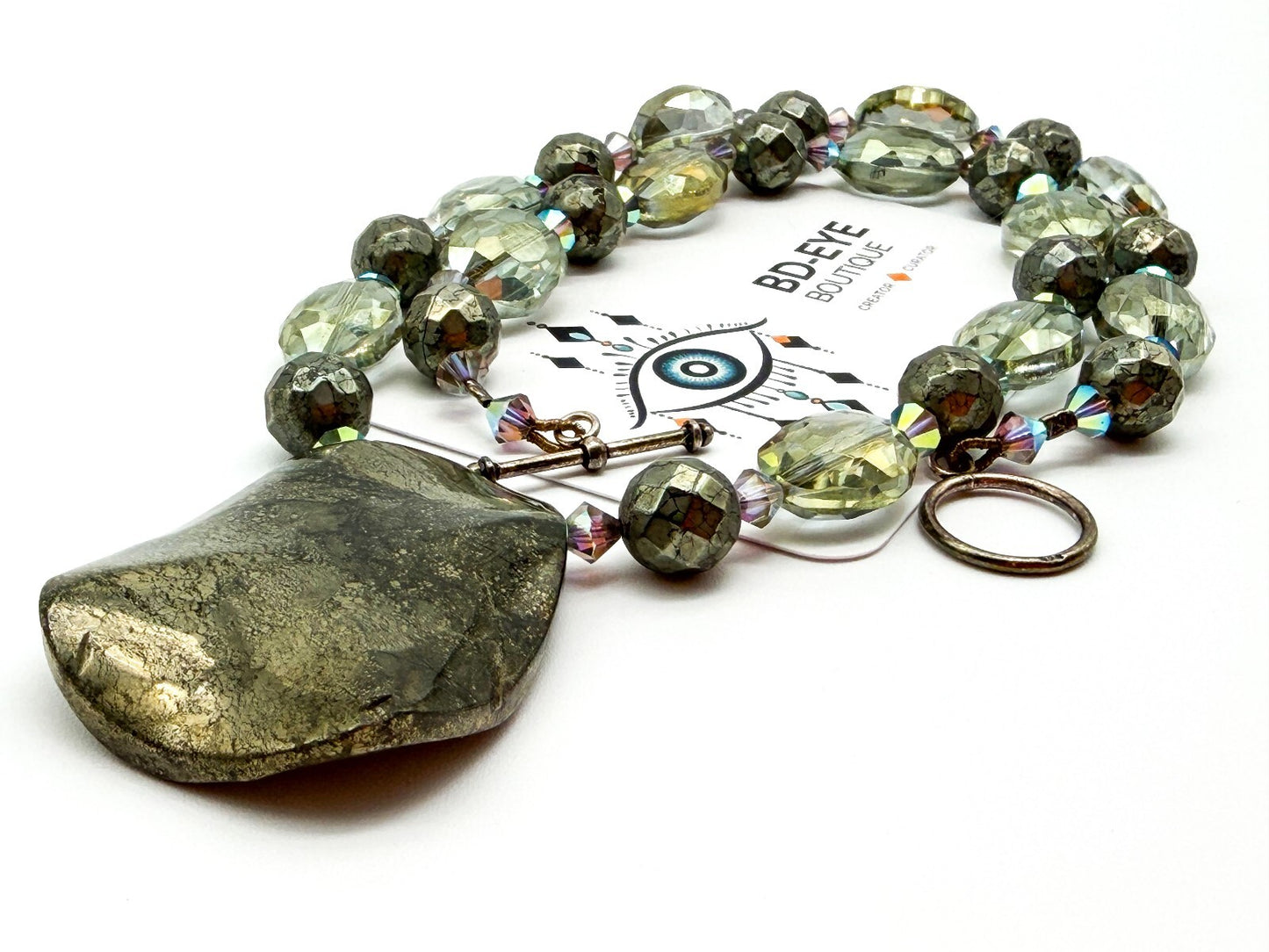 Natural Pyrite Statement Necklace Faceted Smoky AB Crystal Gemstone Pendant